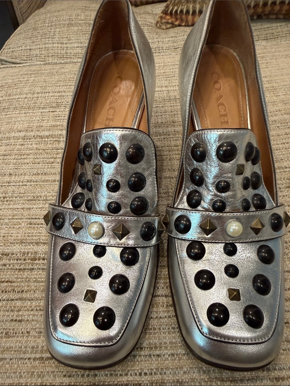 Coach Metallic Silver Studded Leather Loafers - Silver size 8.5